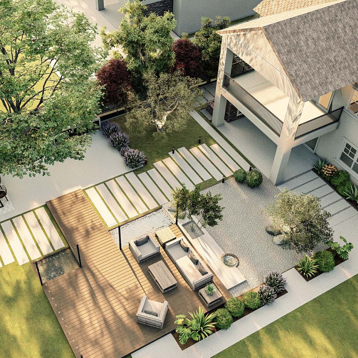 Elegant full-yard landscaping design by Homely Design Experts featuring a wooden deck, gravel path, lush greenery, and modern outdoor furniture.
